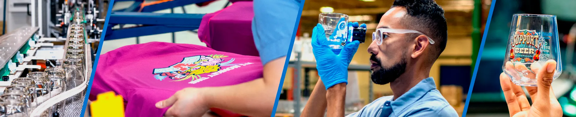 Collage of people working in a printing factory at Grandstand Glassware and Apparel.