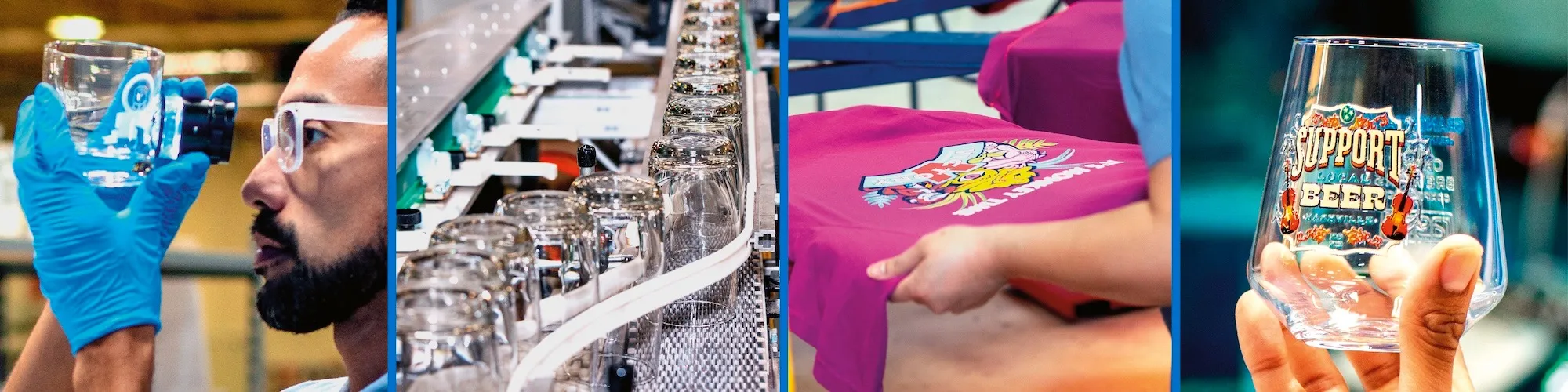 Woman working a screen print machine, printed glass inspection, and custom printed merchandise