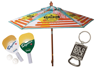 Custom printed pickleball set, patio umbrella, and keychain.