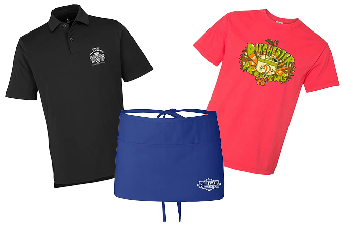 Custom printed polo, apron, and t-shirt.