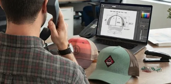 A man is working on a computer while helping a customer make a custom hat.