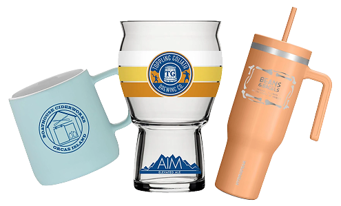 Custom printed coffee mug, ball cap, and garden hat.