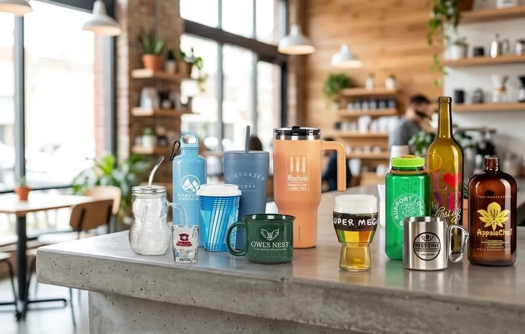 Custom branded tumblers, mugs, bottles, and glassware on a cafe counter