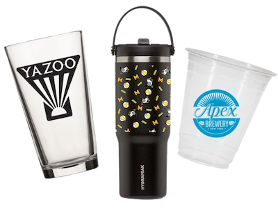 Custom printed pint glass, Hydrapeak tumbler, and disposable cup.