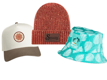 Custom printed cap, beanie, and bucket hat.