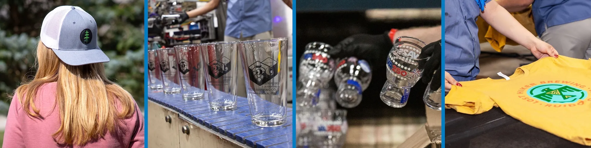 Production workers at Grandstand are printing custom glassware and t-shirts