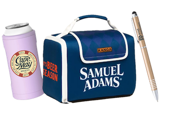 Custom coozie, pen, and portable beer cooler.