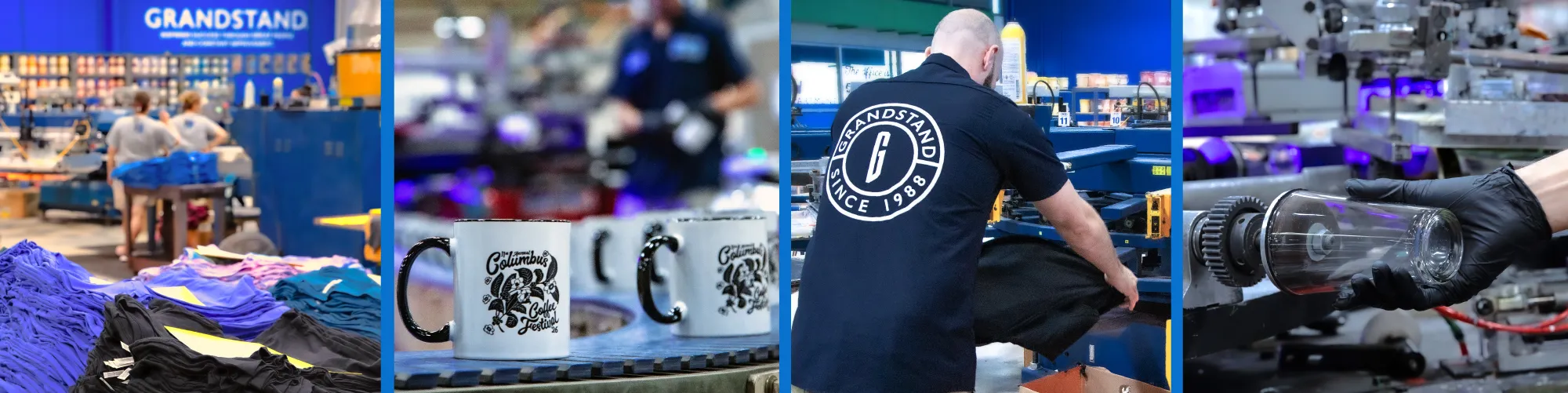 Production workers at Grandstand are printing custom glassware and t-shirts